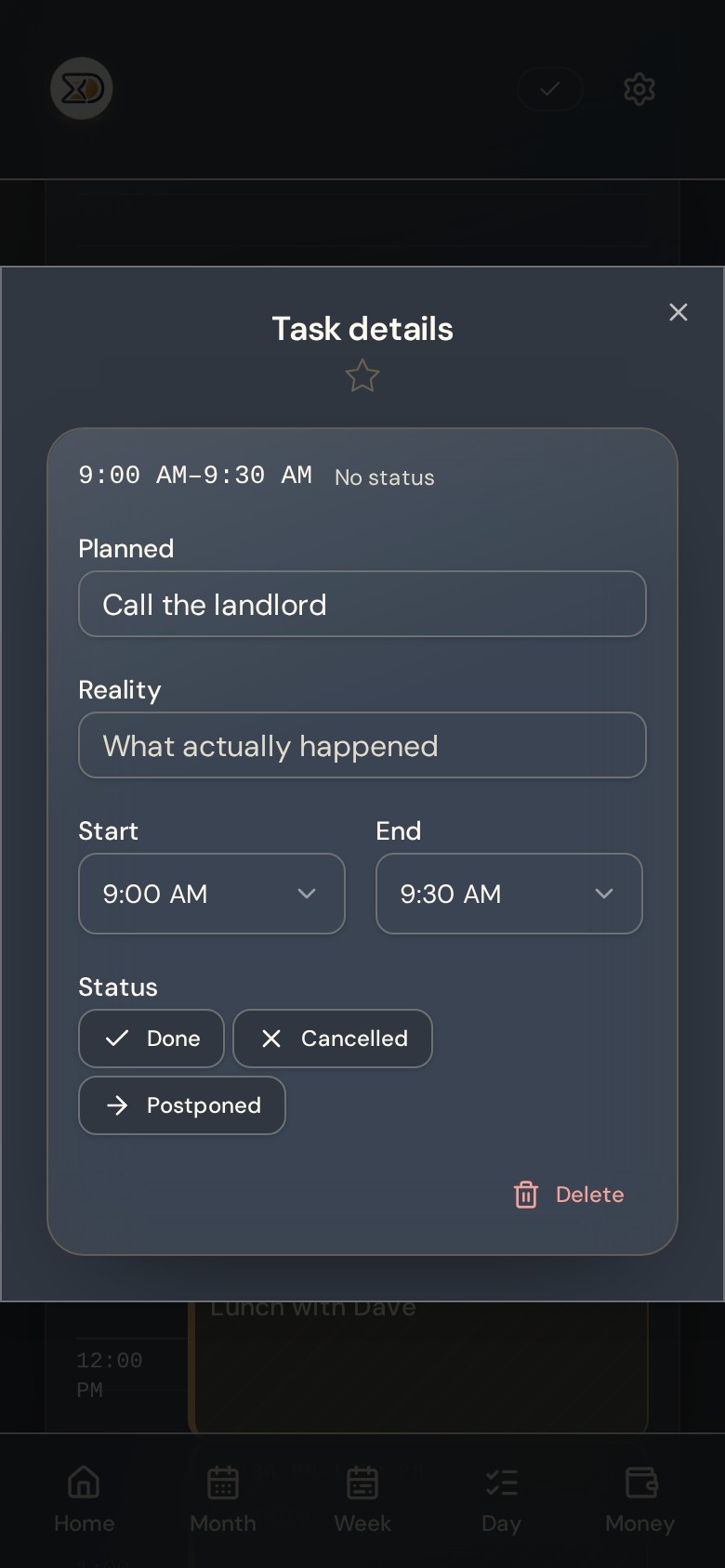 Rescheduled task details in SMART Planner SMART Planner task details for a rescheduled Vendor negotiation task, with History and Stop rescheduling controls