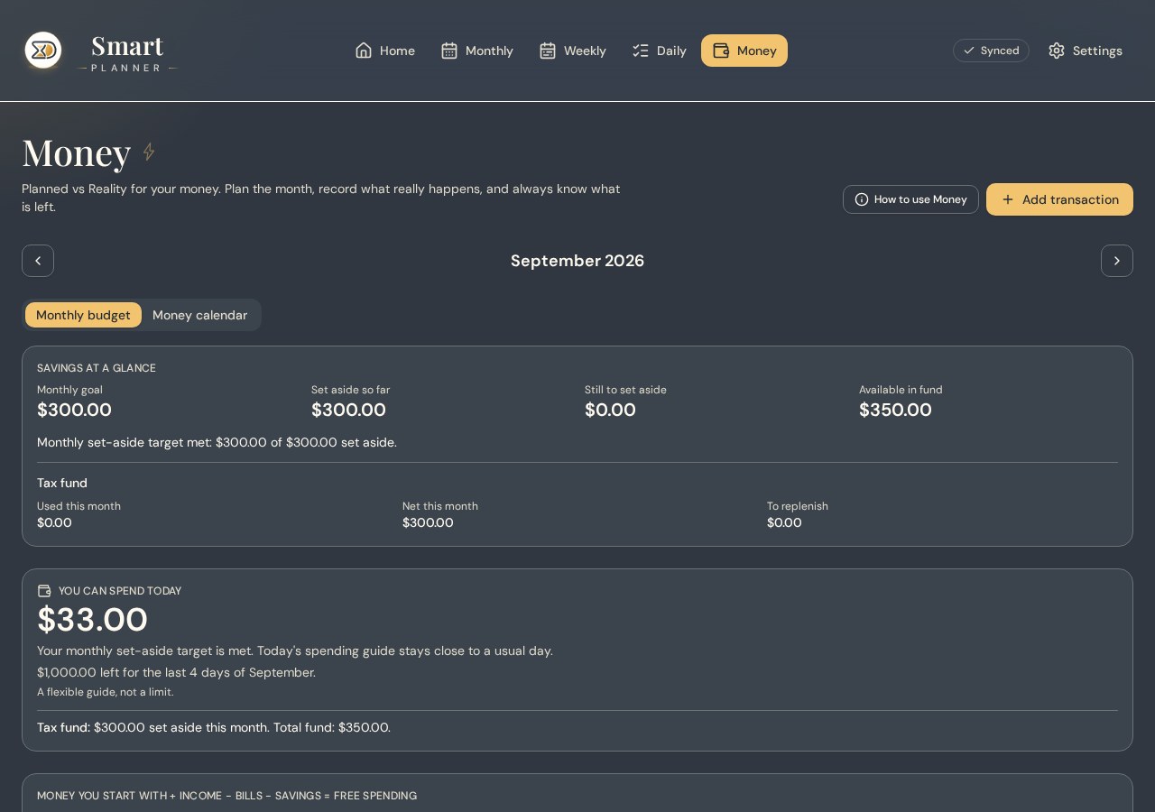 SMART Planner Money summary with example income, expenses and savings on tablet