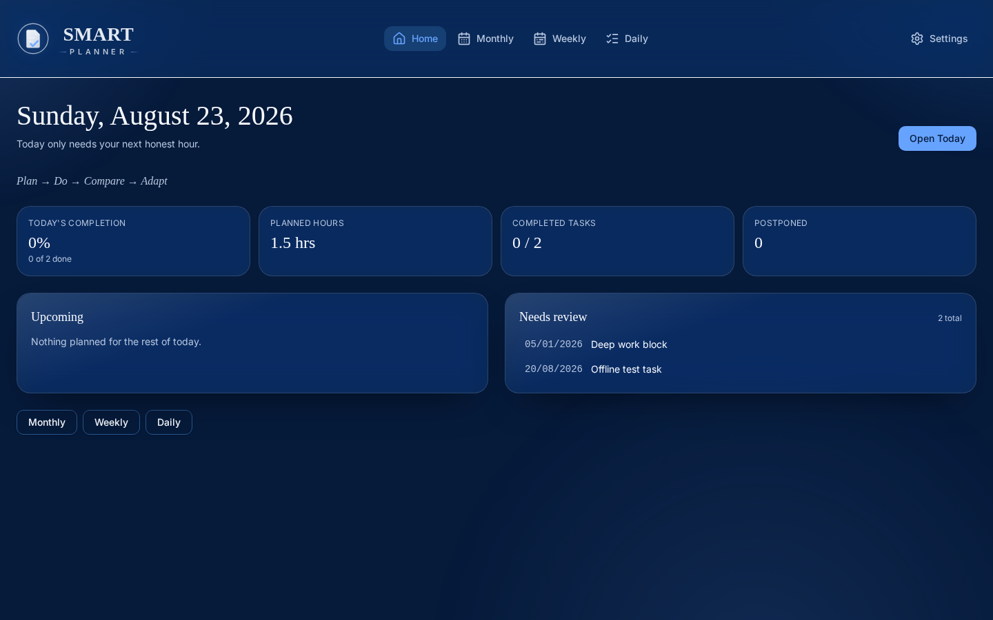 SMART Planner home view on desktop