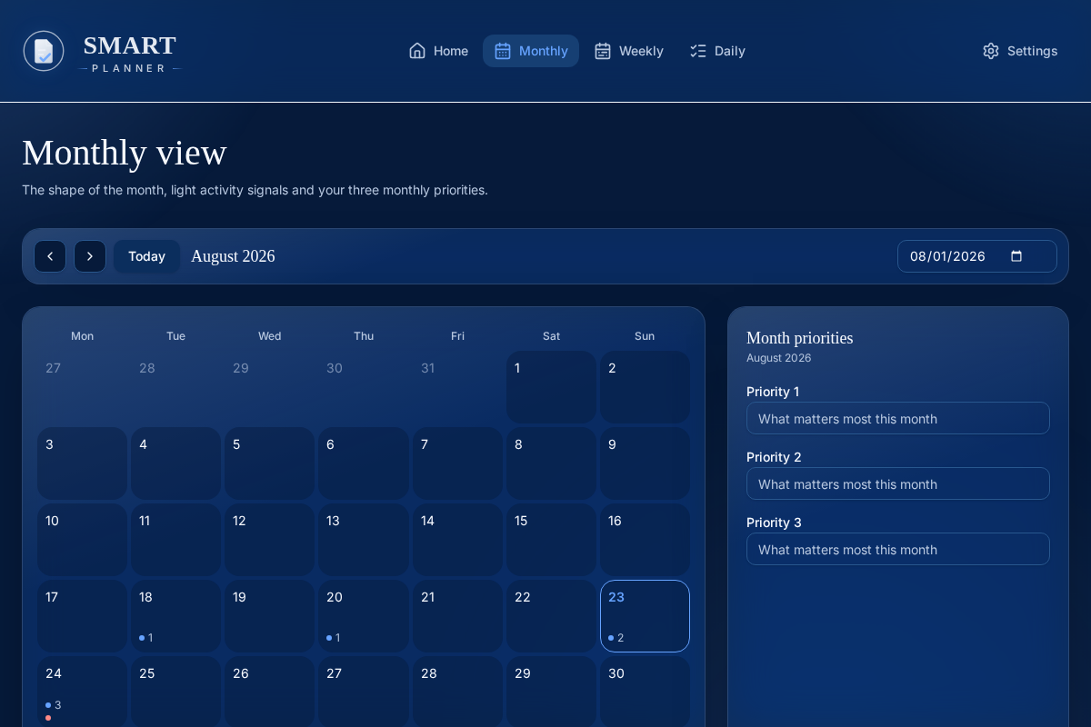 SMART Planner monthly view on tablet